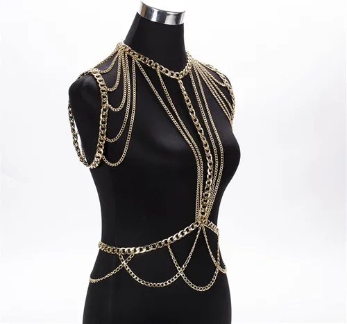 Miniatura 2 de Cadenas de cuerpo para mujer, cadena de hombro de metal grueso dorado, collar de cadena de hombro, arnés de decoración de vestido, cadena de cintura