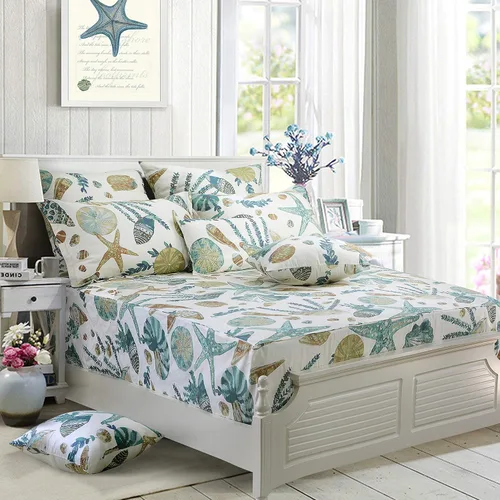 Miniatura 2 de FADFAY Juego de sábanas King con temática de playa, 100% algodón, ropa de cama costera súper suave, ropa de cama náutica de conchas marinas y Aqua