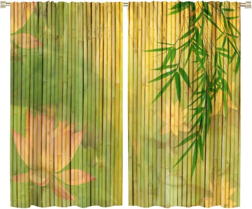 Miniatura 58 de Cortinas con estampado de bambú, tallos y hojas de bambú, temática oriental natural, oscurecimiento de habitación, ventana, ventana, cortina
