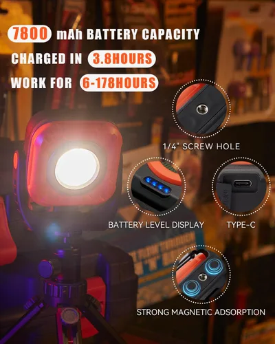 Miniatura 3 de SUNREI Luz de Trabajo Magnética LED de 1300LM con Atenuación Sin Escalones, Linterna Mecánica COB de 7800mAh, Reflector Recargable IPX65 con Gancho