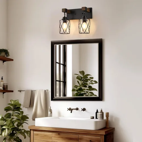 Miniatura 2 de Accesorios de iluminación de baño estilo granja, lámpara de tocador de 2 luces con pantalla de metal y vidrio, accesorios de iluminación rústicos