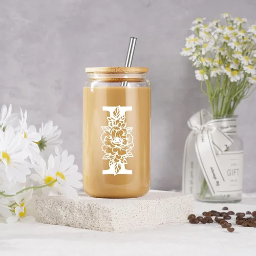 Miniatura 4 de Taza de Vidrio Inicial Coolife, Regalos Personalizados para Mujeres, Tazas de Vidrio de 16 oz con Tapas y Popotes, Vaso para Café Helado, Licuado