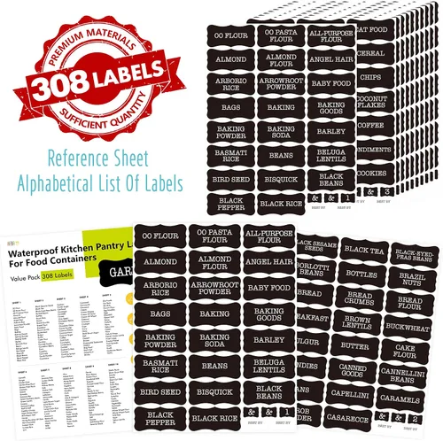 Miniatura 2 de Hebayy 308 etiquetas para despensa de alimentos, 280 etiquetas preimpresas para harina, pasta, lentejas, granos, condimentos y aceite, 28 en blanco