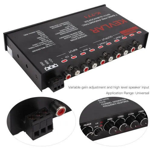 Miniatura 3 de Ecualizador gráfico de audio para automóvil de 7 bandas con filtro de paso bajo, entradas de alto nivel, salidas sub delanteras y traseras