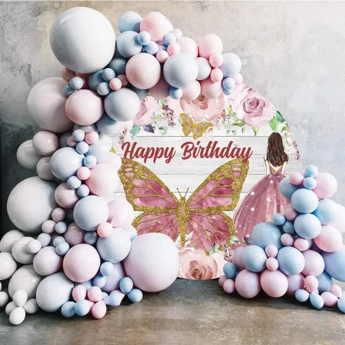 Miniatura 2 de Leyiyi Telón de fondo redondo de 3 x 3 pies, diseño de flores de acuarela azul, mariposa, fondo de círculo de madera rústica, para niñas y mujeres