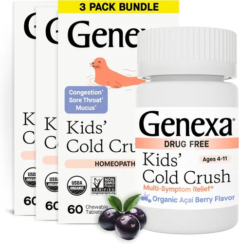 Miniatura 8 de Genexa jarabe homeopático para niños Cold Crush: el único remedio orgánico certificado para resfríos para niños 60 tabletas masticables naturales