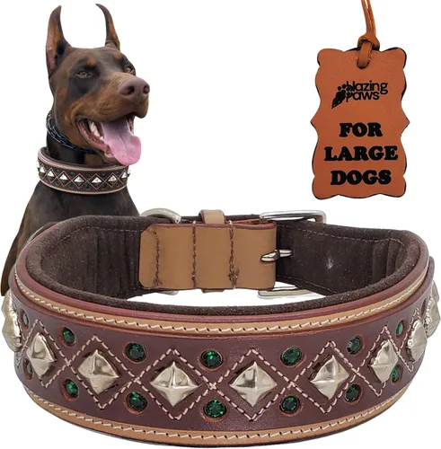 Blazing Paws Darlington - Collar de perro de cuero de lujo de 2 pulgadas de ancho para perros grandes, hecho a mano de gamuza acolchado de cristal,