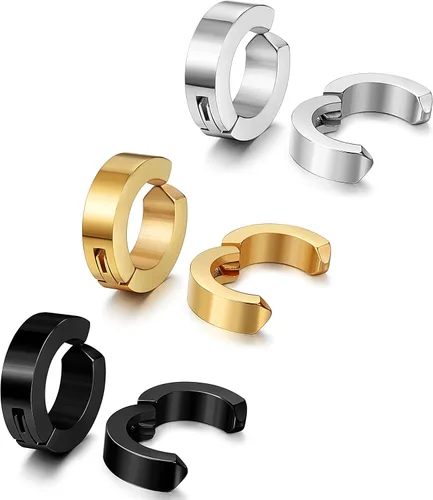Miniatura 2 de Jstyle 3 pares de aretes de aro de acero inoxidable para hombre y mujer, sin perforación