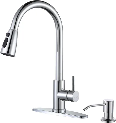 Miniatura 31 de WOWOW - Grifo de cocina cromado con rociador, grifo de fregadero de cocina extraíble de acero inoxidable con placa de cubierta, grifo de cocina