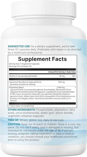 Miniatura 5 de Micro Ingredients Complejo de glutatión reducido liposomal 3,000 mg - Suplemento avanzado de glutatión 8 en 1 con NAD, resveratrol, quercetina