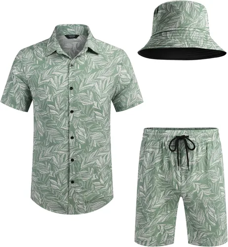 Miniatura 4 de COOFANDY Conjunto de camisa hawaiana y pantalón corto para hombre, traje de playa de 2 piezas con sombreros de pescador