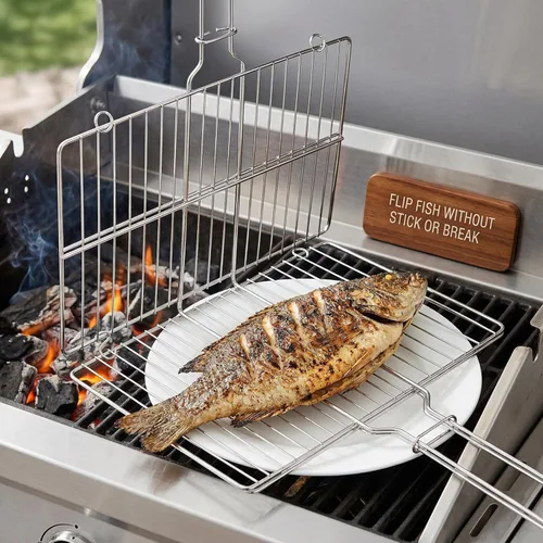 Miniatura 5 de Cesta de acero inoxidable para barbacoa al aire libre, rejilla de parrilla con cerradura resistente para pescado, verduras, carne, camarones, carne