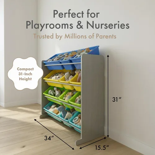 Miniatura 2 de Humble Crew Organizador de almacenamiento de juguetes para niños con 12 cubos de plástico, gris/azul/verde/amarillo – Contenedores extraíbles