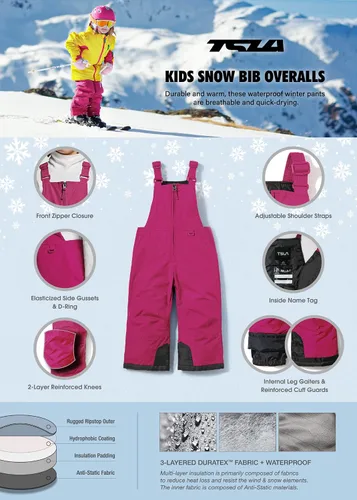 Miniatura 4 de TSLA - Overol con peto invernal para bebés, niñas y niños pequeños, para nieve, snowboard y esquí, de tela antidesgarro Ripstop, impermeable