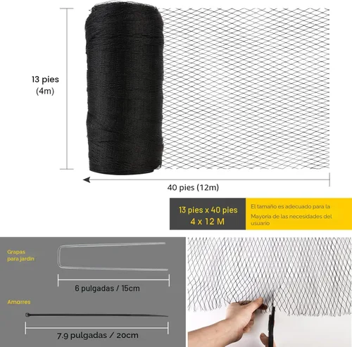 Miniatura 2 de Red para pájaros para jardín, malla resistente antipájaros de 13 x 40 pies con lazos y grapas de paisaje para verduras, árboles frutales y otras