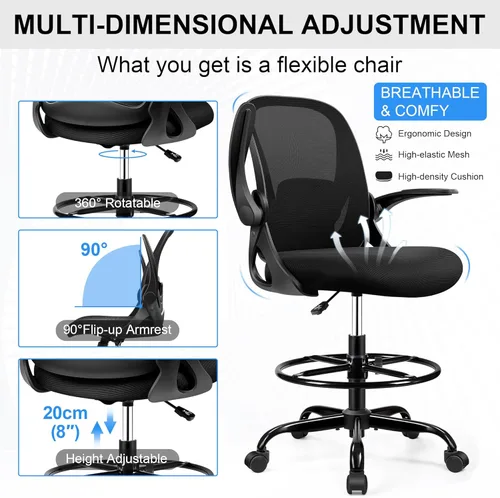 Miniatura 5 de Silla de dibujo alta de oficina con reposabrazos abatibles, altura ajustable y soporte lumbar mejorado, taburete ergonómico rodante, soporte de Negro