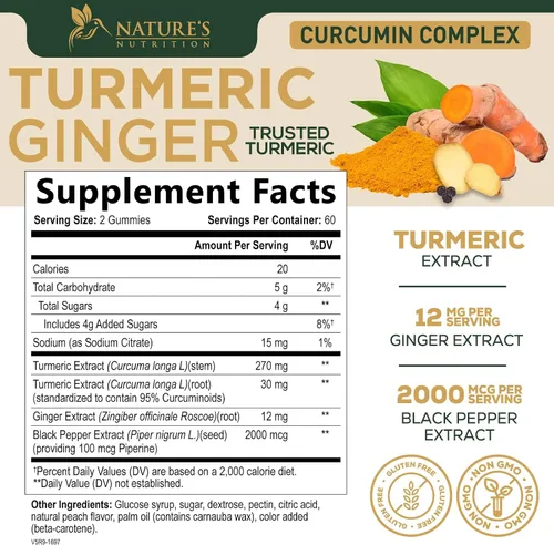Miniatura 2 de Gomitas de suplemento de curcumina de cúrcuma – 95% de curcuminoides con cúrcuma y jengibre, pimienta negra para una mejor absorción, apoyo