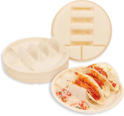 Miniatura 9 de LUVCOSY Paquete de 50 Soportes Desechables para Tacos con Compartimentos para Salsas, Platos Biodegradables de Almidón de Maíz para Tacos