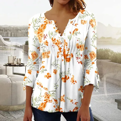 Miniatura 23 de Ceboyel Blusa tipo túnica con estampado floral para mujer, con botones, estilo Henley, con manga de codo, casual, trajes de moda para mujer