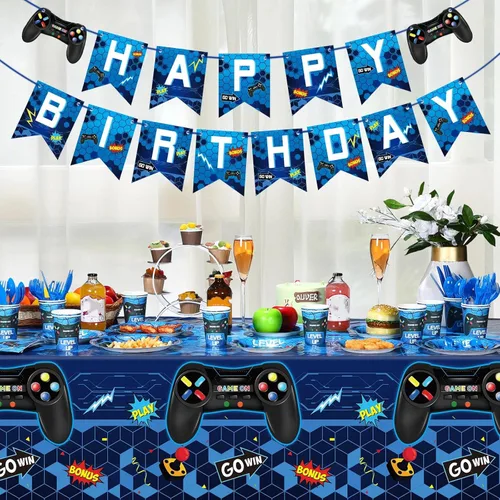 Miniatura 7 de Tiamon 172 piezas de decoración de fiesta de videojuegos – Sirve 24 suministros de vajilla de fiesta de juegos que incluyen pancartas de feliz