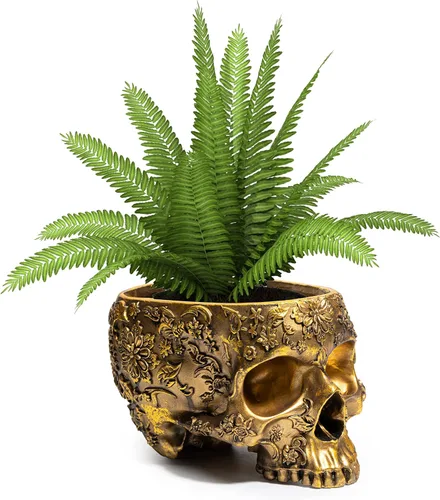 Miniatura 12 de Maceta de calavera negra de 6 pulgadas, maceta con cabeza de esqueleto para suculentas, flores y plato de tazón, decoración gótica para jardín