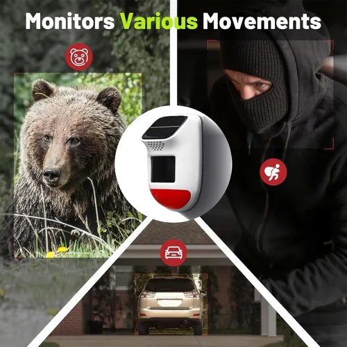 Miniatura 9 de Alarma Solar con Sensor de Movimiento - Sirena de Seguridad Impermeable IP65 de 120dB con Control Remoto y Luz Estroboscópica, 3 Modos