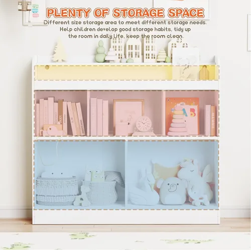 Miniatura 5 de Lkeiyay Estantería abierta para niños, organizador de juguetes Montessori con luces LED, estantería abierta de madera blanca para niños, dormitorio