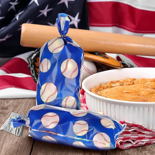 Miniatura 4 de Outus 100 bolsas de celofán de béisbol para regalo de béisbol, bolsas de plástico para golosinas deportivas, bolsa de aperitivos con lazos Azul