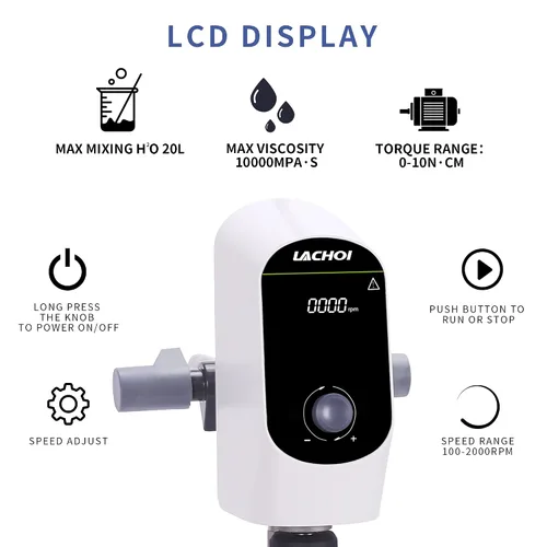 Miniatura 4 de Mezclador agitador eléctrico de arriba de 100-2000 RPM Max.20L (H₂O) Pantalla LCD Mezclador digital agitador superior 10000mPas Potente mezclador