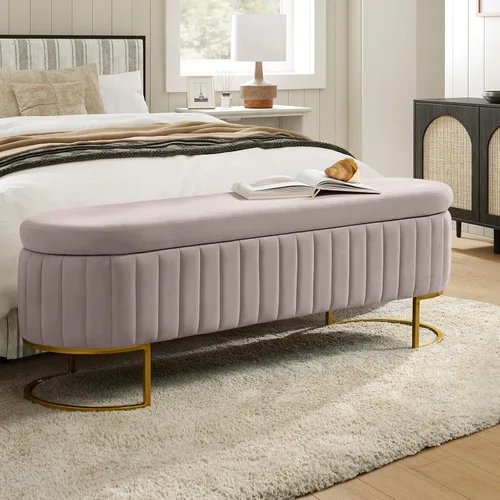 Miniatura 10 de EcoHarbor Living Banco de almacenamiento de 50.5" para pasillo, otomano tapizado con extremo de cama de terciopelo con patas doradas, reposapiés