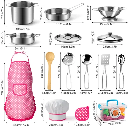 Miniatura 7 de Tigerhu 26 accesorios de cocina de juguete, juguetes de cocina con utensilios de cocina de acero inoxidable, delantal y sombrero de chef, juego