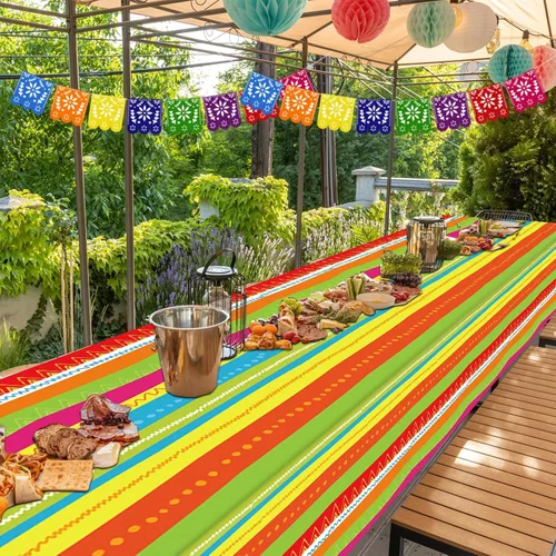 Miniatura 4 de party greeting Decoración de fiesta mexicana de 1181 x 54 pulgadas, mantel de plástico a rayas mexicanas para fiesta mexicana, suministros de fiesta