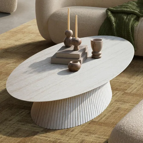 Miniatura 6 de win2win Mesa auxiliar ovalada, moderna mesa de centro de piedra sintética con diseño estriado, mesa central de travertino con base cónica, mesa