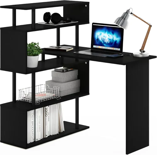 Miniatura 17 de Furinno Abbott - Escritorio en forma de L con estantería, color americano/cromado Americano/Cromo