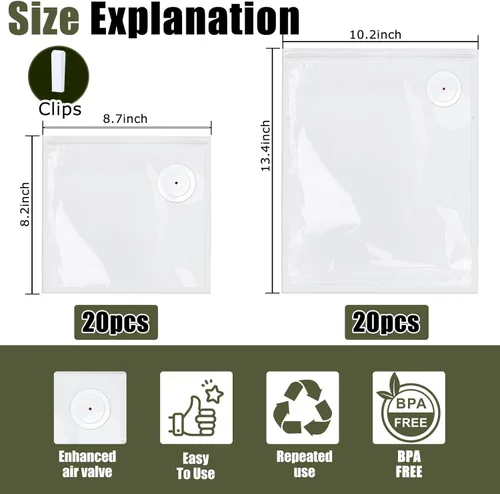 Miniatura 2 de 40 bolsas reutilizables de sellado al vacío para alimentos, 20 unidades grandes (13.4 x 10.2 pulgadas) y 20 bolsas compactas selladoras al vacío
