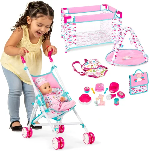 Best Choice Products Juego de 15 piezas para niños de 13.5 pulgadas, muñeca recién nacida, juego de rol con cochecito, cuna de viaje, tapete de