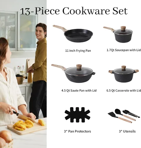 Miniatura 2 de Juego de ollas y sartenes antiadherentes, 13 piezas, juegos de utensilios de cocina, utensilios de cocina de inducción de piedra de granito