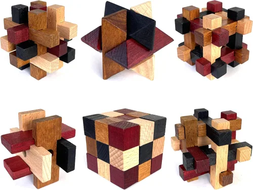 Rompecabezas de madera para el cerebro, paquete de 6 unidades, rompecabezas 3D para adultos y niños, ideas de regalo educativas y divertidas,