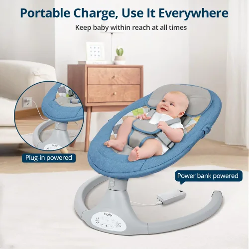 Miniatura 7 de Bioby Columpio de bebé para bebés con 5 velocidades de balanceo naturales, gorila portátil de música Bt con control remoto y arnés de 5 puntos