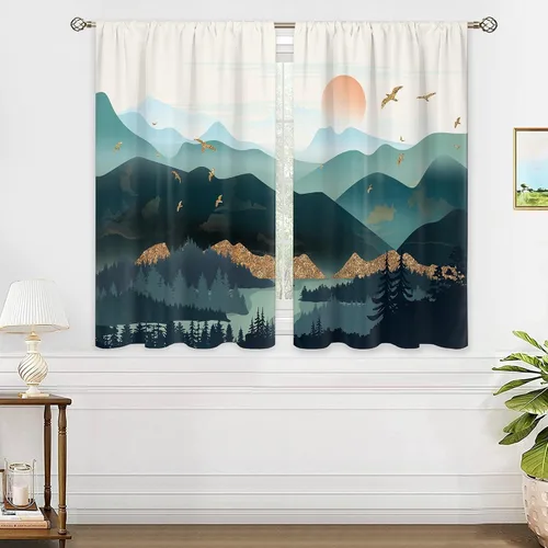 Miniatura 4 de Cortinas de cocina pequeñas de montaña abstracta verde azulado, tratamiento de ventana de montaña, naturaleza, puesta de sol, paisaje, cafetería