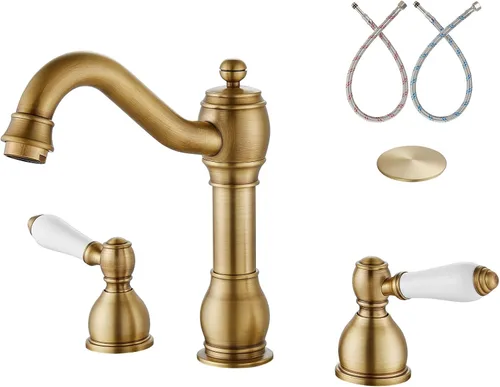 Miniatura 15 de Aolemi Grifo mezclador de lavabo de baño de 8 pulgadas, 3 agujeros, montaje en cubierta, con montaje de drenaje emergente, mango de doble palanca