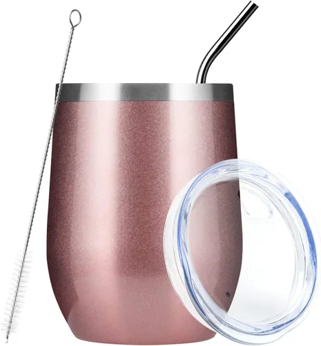 Miniatura 29 de MEWAY Vaso de vino sin tallo de 12 onzas con tapa, vaso de viaje de acero inoxidable con aislamiento de doble pared al vacío con popote, para Negro