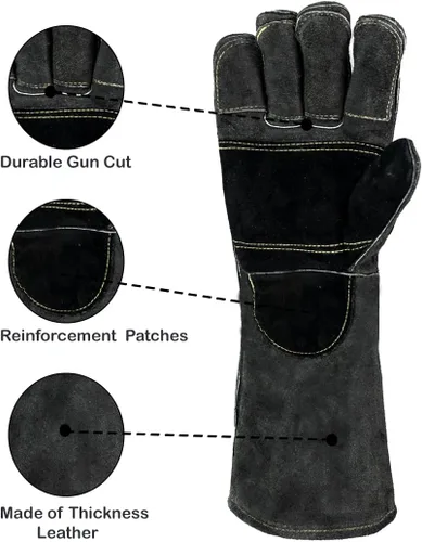 Miniatura 5 de Guantes de cuero para soldadura/barbacoa, 16 pulgadas, negro-gris, resistentes al calor/fuego, guantes