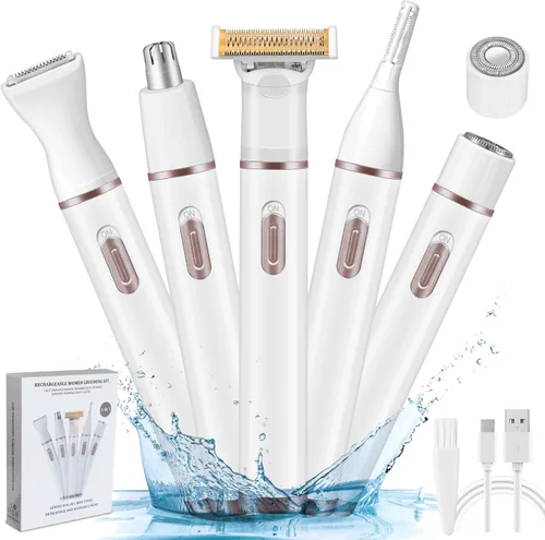 Hicdaw Maquinillas de afeitar eléctricas para mujer, recortadora de bikini 5 en 1, afeitadora de pelo púbico, afeitadora de nariz y orejas para 5 en