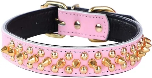 Miniatura 29 de Serijoars Collares ajustables de cuero genuino con tachuelas para mascotas pequeñas, medianas y grandes, Pit Bull, Bulldog, Pugs, Husky (M, morado)