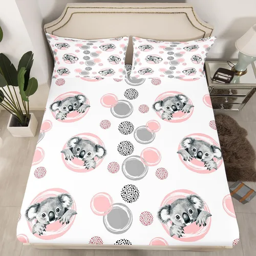 Miniatura 2 de Erosebridal Juego de sábanas lindas de koala para niños, sábana bajera ajustable kawaii koalas tamaño individual con puntos grises y rosados, funda