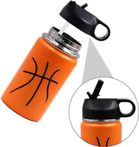 Miniatura 2 de Botella de agua de baloncesto de 12 onzas, botella de agua deportiva aislada al vacío de acero inoxidable con popote y 2 tapas, botella de agua