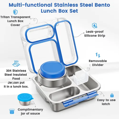 Miniatura 3 de Caja Bento de acero inoxidable para niños y adultos con termo de sopa de 7 onzas, tapa transparente, 3 compartimentos, lonchera Bento de metal