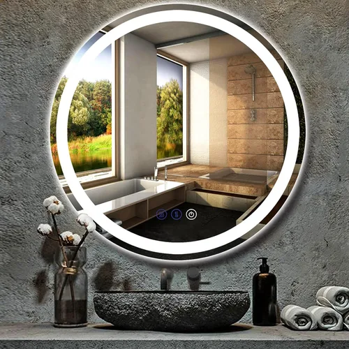 Espejo de tocador LED redondo de 24 pulgadas, 3 colores regulables, antivaho, aluminio, moderno, baño, 1 unidad, 24 pulgadas
