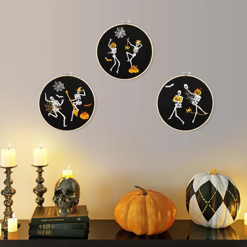 Miniatura 7 de Kit de bordado de Halloween para adultos principiantes, kit de punto de cruz estampado para adultos principiantes, divertido kit de iniciación